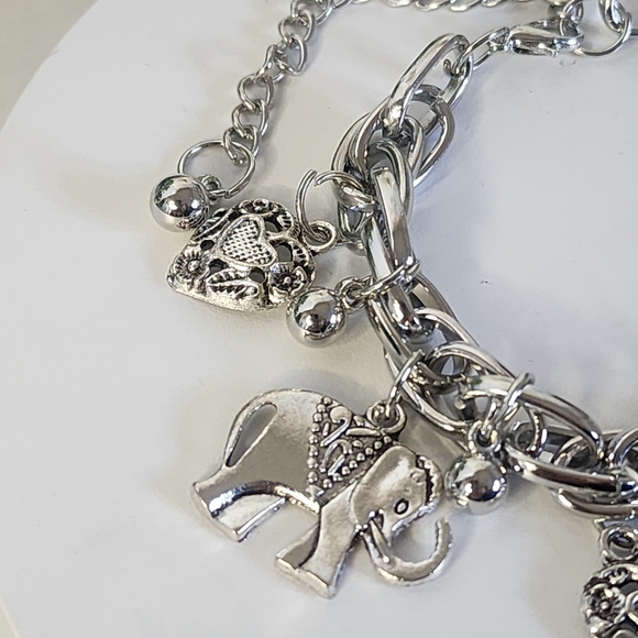 Silver Chain Elephant and Heart Charm Bracelet - Picture 4 of 9